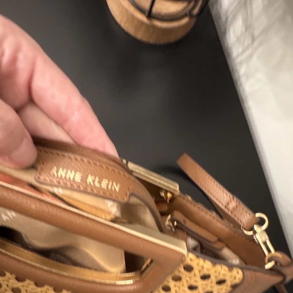 Anne Klein Woven Rattan and Tan Leather Handbag Magnetic Closure on Handles - Picture 8 of 9